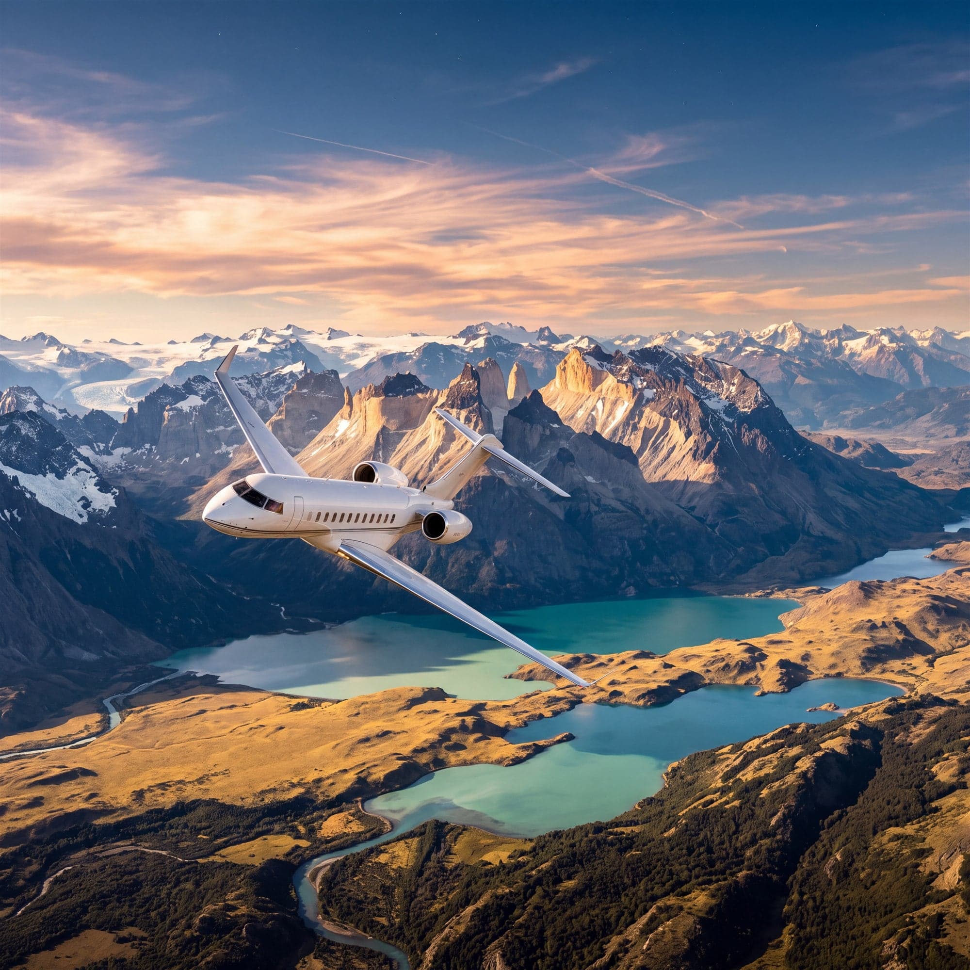 A private jet banking over mountains and glacial lakes at golden hour